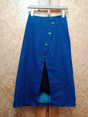 藍色單寧布蕾絲創意腰有彈力中長裙 W1030-7148 材質:棉.