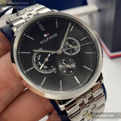 TommyHilfiger手錶,編號TH00023,40mm銀圓形精鋼錶殼,黑色三眼錶面,銀色精鋼錶帶款