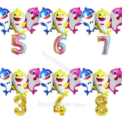 派對需求鯊魚寶寶兒童生日派對裝飾用品小鯊魚生日數字派對氣球套裝鋁模型氣球套裝兒童氣球玩具滿299起發
