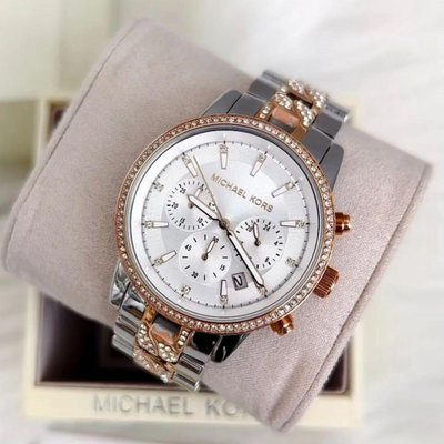 MICHAEL KORS Ritz 水鑽圈 白色錶盤 玫瑰金色配銀色不鏽鋼錶帶 石英 女士手錶 MK6938