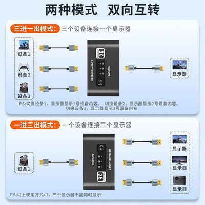 斯格HDMI 2.1版3進1出切換器 2進1出高清分屏器8K 60Hz 4K 120Hz電腦主機電視顯示器ps5音視頻轉