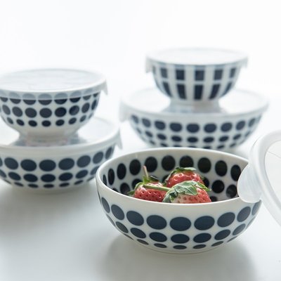 “正品”日本美濃燒藍白波點條紋印花陶瓷帶蓋碗家用日式簡約飯碗菜碗湯碗