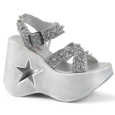 Shoes InStyle《五吋》美國品牌 DEMONIA 原廠正品龐克歌德蘿莉金蔥鉚釘楔型星星厚底涼鞋 『銀色』
