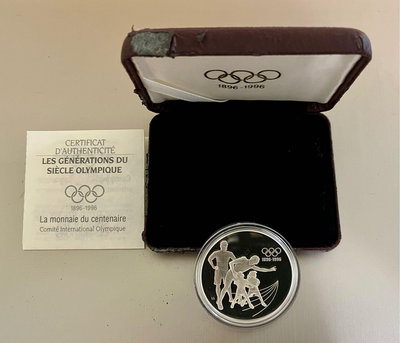 加拿大亞特蘭大奧運百年 (1896-1996) 紀念銀幣, 33.63克，925銀幣, 原盒保證書,  1996年發行, 加拿大製造 , 品項如圖