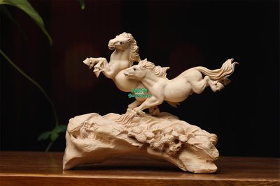 【熱賣下殺價】小葉黃楊木雕刻雙馬并進生肖馬擺件實木工藝家居客廳辦公室裝飾品