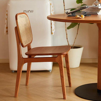 櫻桃木餐椅北歐家用辦公實木靠背椅休閑日式簡約餐廳藤編椅子 自行安裝