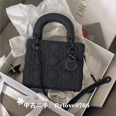 中古二手DIOR迪奧 LADY DIOR MINI 三格戴妃包 磨砂黑so black 手提包/斜跨包