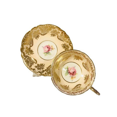 英國中古骨瓷帕拉貢paragon蜜桃色粉玫瑰寬口杯盤
