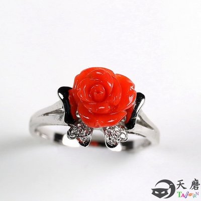 紅珊瑚手工雕刻紅玫瑰戒指 天磨 Gwe 15-18 s925銀戒