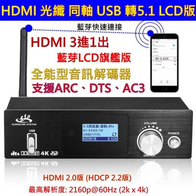 (擴大機的救星) 4K HDMI 光纖 同軸 HDMI 轉5.1聲道 帶音頻分離 解碼器 DTS  AC3 功能 耳機 5.1 聲道