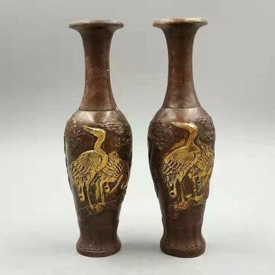 熱銷 -古玩收藏銅器銅松鶴瓶小銅花瓶純銅擺件全銅仿古花瓶復古鎏金花瓶