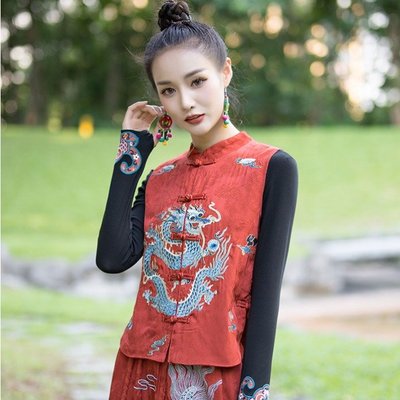 云南少數民族風女裝秋季新款中國風刺繡盤扣馬夾短款外套緞面馬甲