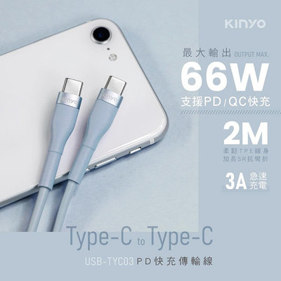 【現貨附發票】KINYO 耐嘉 Type-C to Type-C 3A PD快充傳輸線 2m /條 USB-TYC03