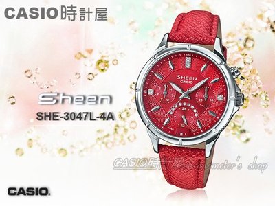 CASIO 時計屋 卡西歐手錶 SHEEN SHE-3047L-4A 女錶 指針錶 真皮錶帶 施華洛世奇水晶 防水 三眼