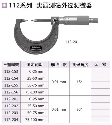 日本三豐Mitutoyo 112系列 尖頭測覘外徑測微器 尖頭測覘外徑分厘卡