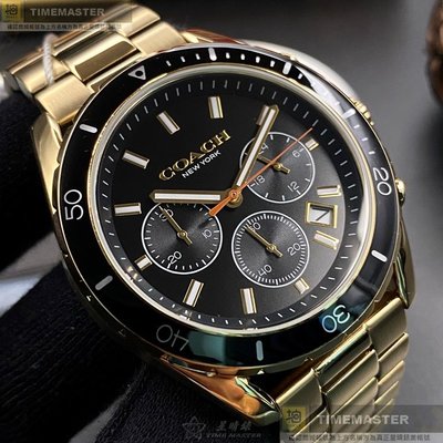 COACH手錶,編號CH00121,44mm黑金圓形精鋼錶殼,金色三眼, 中三針顯示, 水鬼錶面,金色精鋼錶帶款