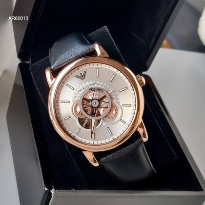EMPORIO ARMANI 鏤空錶盤 黑色皮革錶帶 自動機械錶 AR60013