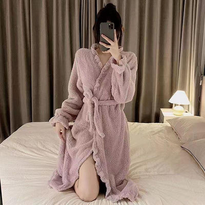 加厚款睡衣女和服睡袍女春秋款家居服珊瑚絨浴袍法蘭絨浴袍可外穿家居服【B0922】 2023新款睡袍女秋冬季性感珊瑚絨加厚