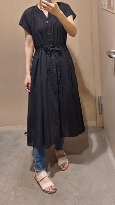 日本無印良品 有機棉涼感法式袖綁帶洋裝黑色M號