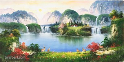 【風水畫】山水油畫 手繪油畫 『五鹿財神 招財聚寶盆 』含框68x108cm【華真藝廊】