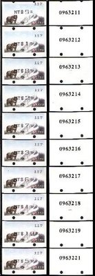【KK郵票】《郵資票》台灣黑熊郵資票五代機黑色打印機號117面值1-10元十枚連續號碼[5元跳一號]