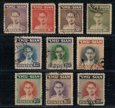 泰國郵票--1947~1949年蒲美蓬國王繁用票10全