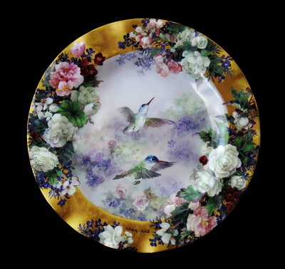 美國W S George 藝術家 Lena Liu 劉莉娜Bountiful Beauty限量花卉蜂鳥重金瓷盤-F