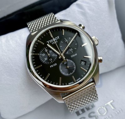 TISSOT PR100 黑色面錶盤 銀色不鏽鋼米蘭編織錶帶 石英 三眼計時 男士手錶 T1014171105101 天梭腕錶