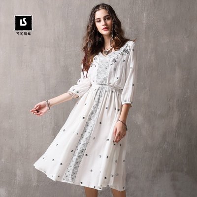 米白色 中大尺碼 波西米亞 洋裝 夏季 洋裝 ~A82101
