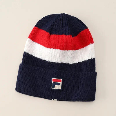 FILA 藍紅條紋 米白色 保暖毛線帽 338元