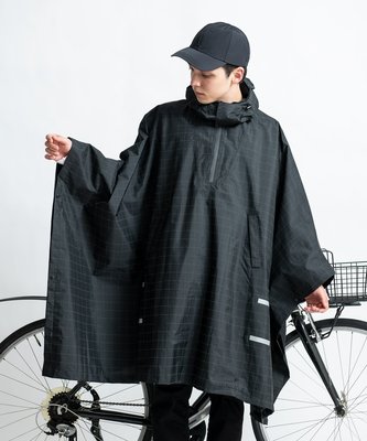 日本KIU 203235 黑色夜光格紋 機車/自行車雨衣斗篷 附收納袋(男女適用)