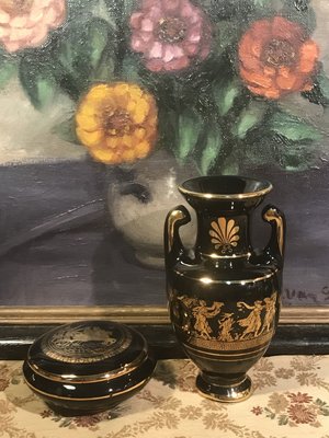 歐洲古物時尚雜貨 希臘 手工 描金古典人物 花瓶 飾品盒 器皿24KG 擺飾品 古董收藏 ㄧ組2件