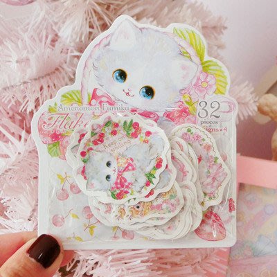 日本可愛昭和貓咪燙金貼紙包~花籃貓咪款8款圖案,一包32張貼紙