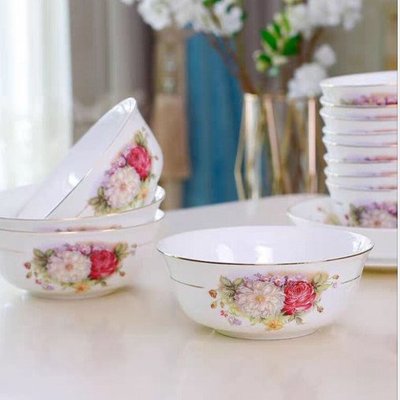 骨瓷餐具碗碟套裝家用家庭中式高檔吃飯碗陶瓷高腳飯碗面碗~特價