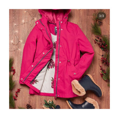 Miolla 英國品牌Joules 桃紅色條紋/花朵內裡防風防水腰間繫帶中長版外套