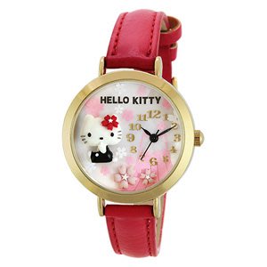 ☆注目の日本製Sanrio版權Hello Kitty 新款紅色KT粉櫻花立體浮雕手錶禮盒包裝☆