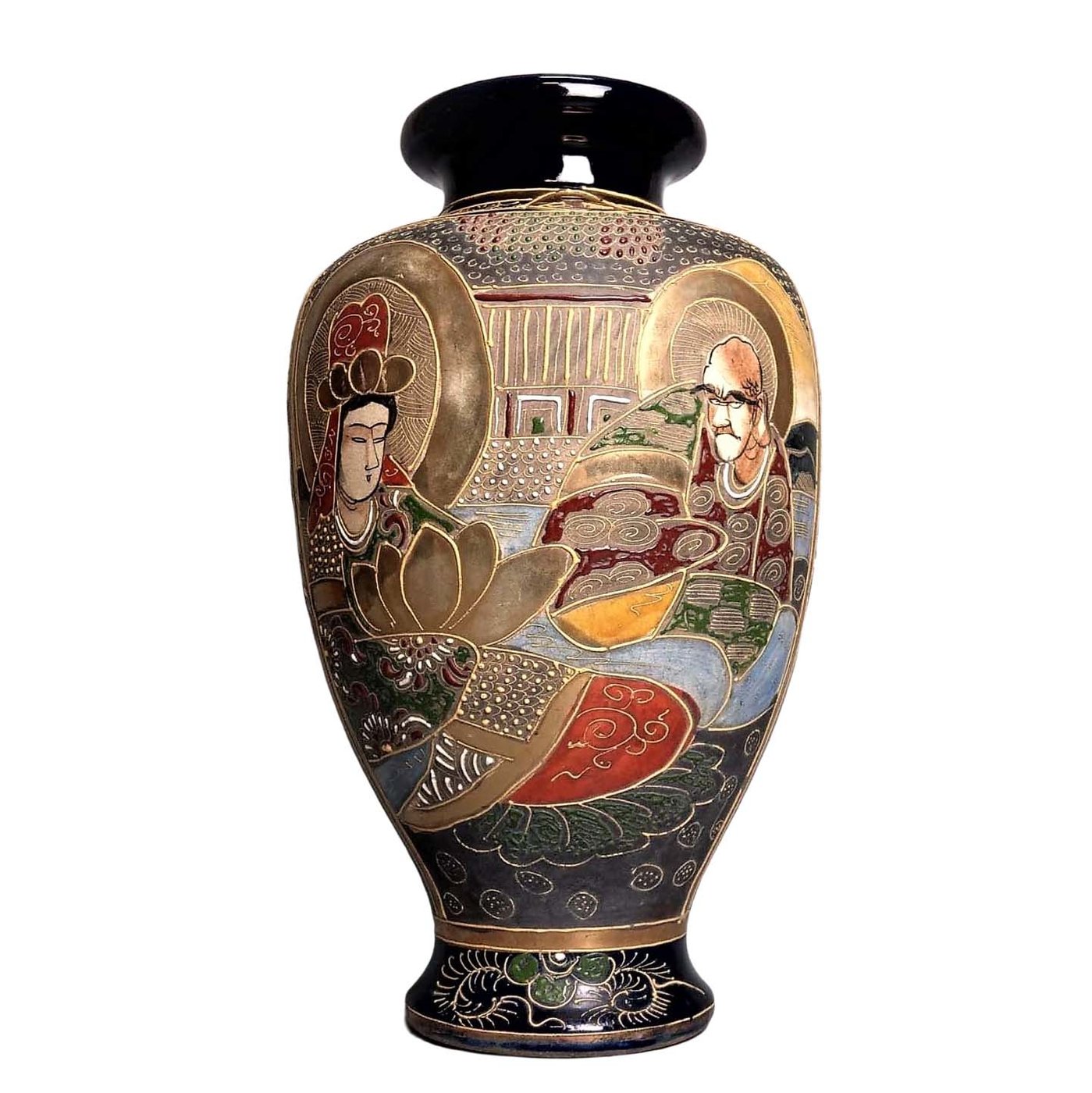 日本古美術/薩摩燒古花瓶金襴手細工人物紋，琉璃釉，飾金開片(明治 