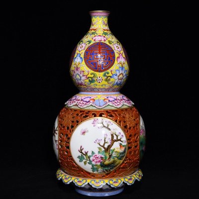 乾隆粉彩描金四季花卉壽字紋轉心葫蘆瓶，高36cm直徑18cm，編號50 瓷器 古瓷 古瓷器