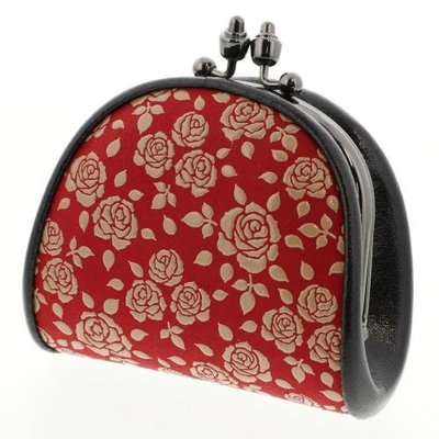 日本 印傳屋 鹿皮 雙珠扣式零錢包 手拿包 扣式錢包-紅/白玫瑰