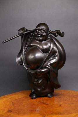 【二手】日本古董銅彌勒佛，行者彌勒佛銅像，布袋和尚尊像。金工師勝彥作8918【如意坊】擺件  老物件 老貨