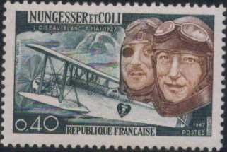 [亞瑟小舖]法國Nungesser和Coli 1927年5月北大西洋飛越模擬飛行新票1全,上品!!!(1967年)