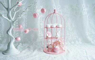 柒月茶花╭＊輕。雜貨。莓夏 鐵藝美學 公主家居 法式粉紅 鳥籠造型半面蛋糕架三層點心置物架