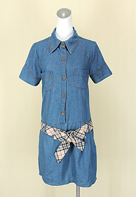 貞新二手衣 ORANGEBEAR 品牌 藍色V領短袖牛仔洋裝S號(32062)