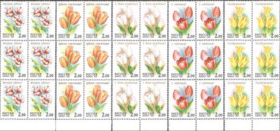 特賣- 2001年俄羅斯郵票 系列--郁金香  6方聯 花卉 外國郵票
