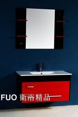 FUO衛浴:時尚100公分紅黑色 PVC防水浴櫃陶瓷台盆組(附龍頭,鏡子,置物架)* FUO2053*