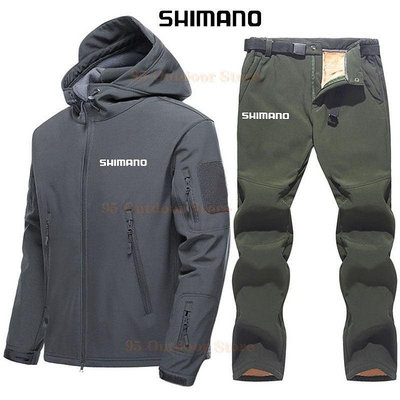 Shimano 軟殼套裝男士軍裝冬季保暖抓絨戰術夾克戶外防水連帽外套釣魚夾克和褲子