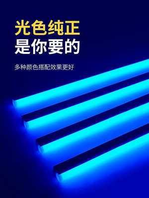 藍色燈管t5光管氛圍長條發光冰藍光彩色日光熒光led一體補光線條~摩仕小店