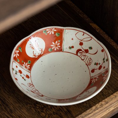 特價！日本進口美濃燒赤繪花凜兔子餐盤家用釉下彩餐具日式咖喱飯盤菜盤
