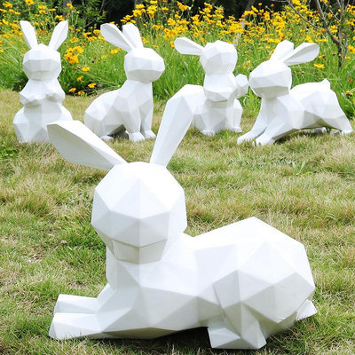 現貨 快速發貨兔子擺件園林玻璃鋼雕塑花園庭院幾何動物戶外景觀裝飾品公園造景