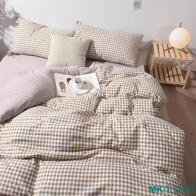 MK生活館MUJI系列 駝色格子款微皺效果水洗棉 床包組 床罩組 日系 單人  雙人床組  7種尺寸可選
